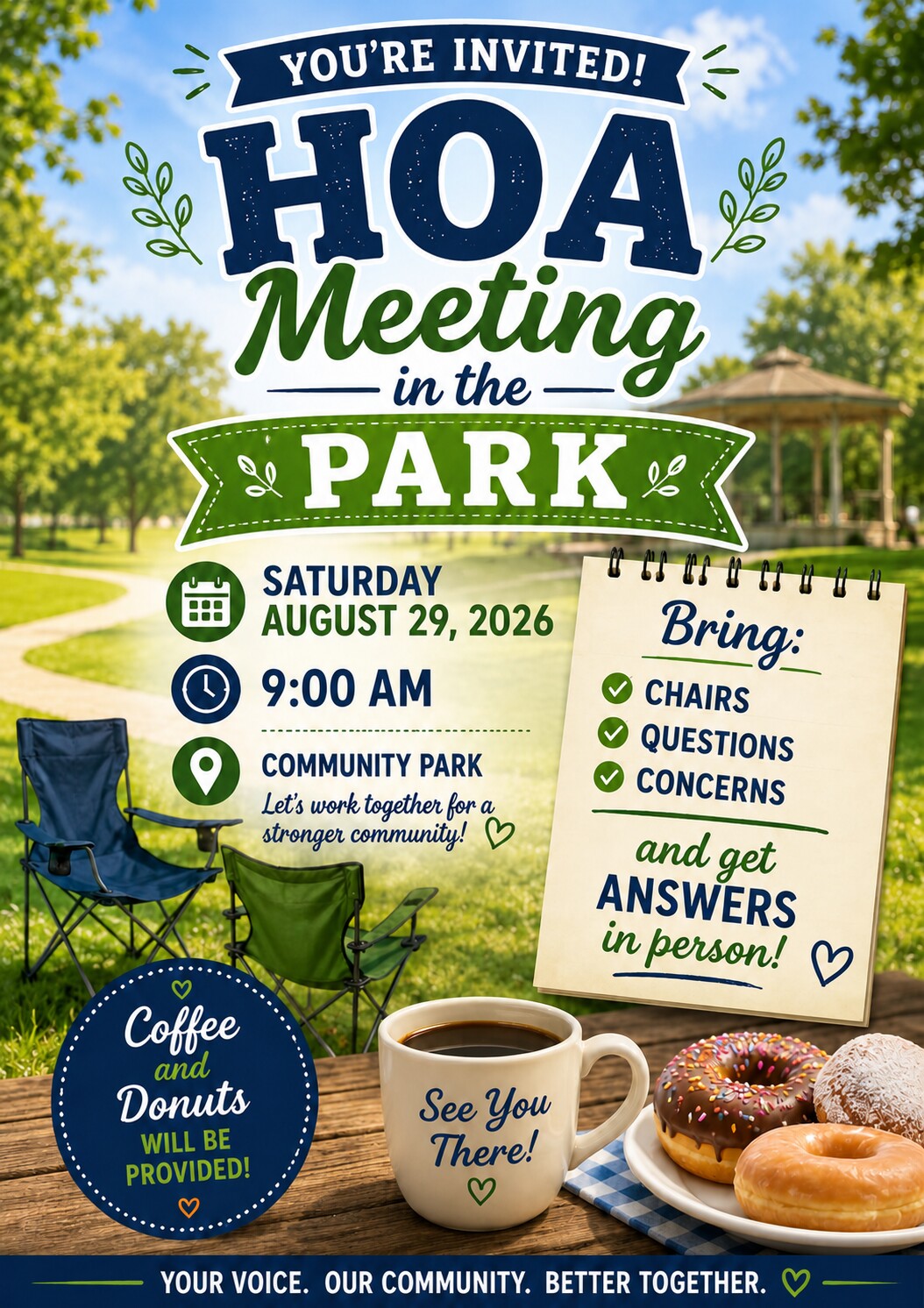Flyer for the Olympic Ridge HOA meeting in the park on Saturday, August 29, 2026, at 9:00 AM at the Community Park. Bring chairs, questions, and concerns. Coffee and donuts will be provided.