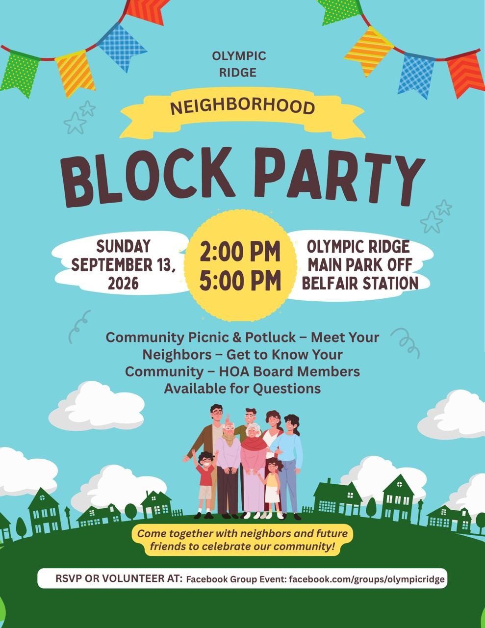 Olympic Ridge Neighborhood Block Party flyer: Sunday, September 13, 2026, 2:00 PM to 5:00 PM at the Olympic Ridge main park off Belfair Station. Community picnic and potluck, meet your neighbors, get to know your community, HOA Board members available for questions.