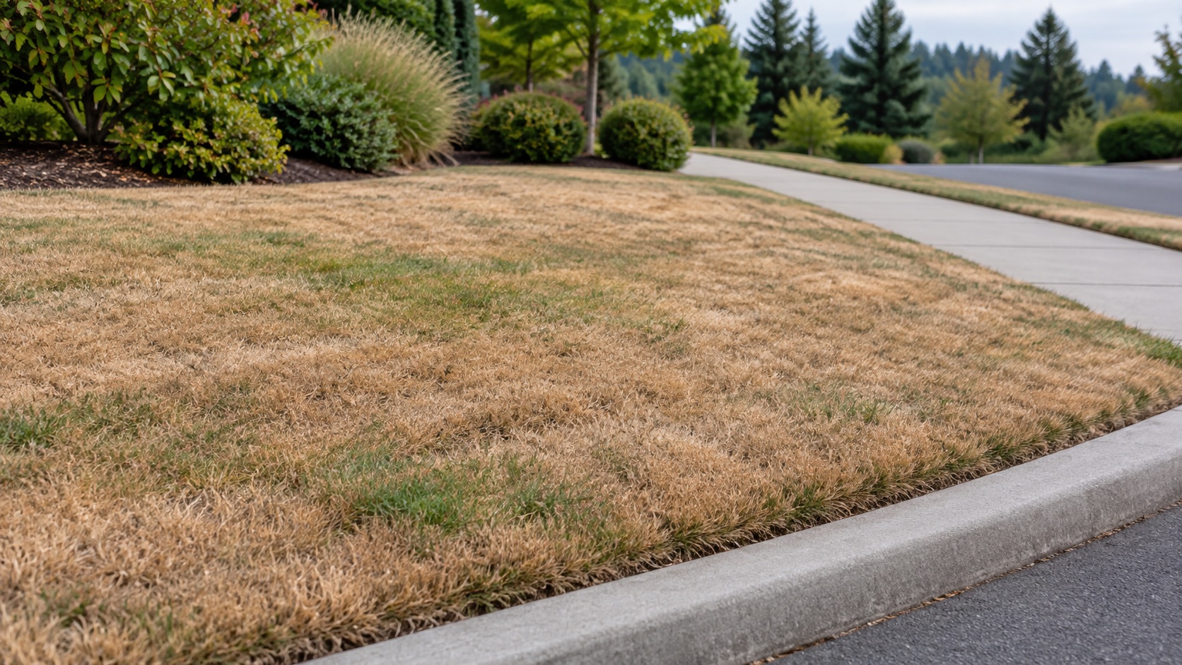 AI-generated image of a neatly edged, mostly brown dormant lawn beside a sidewalk
