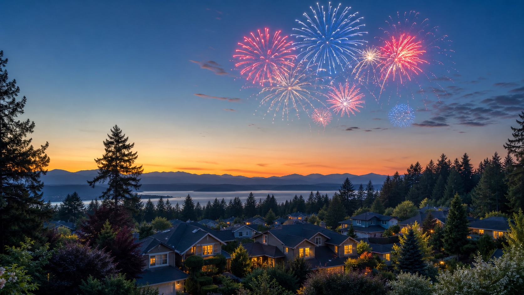 Fireworks over a quiet Pacific Northwest neighborhood at sunset