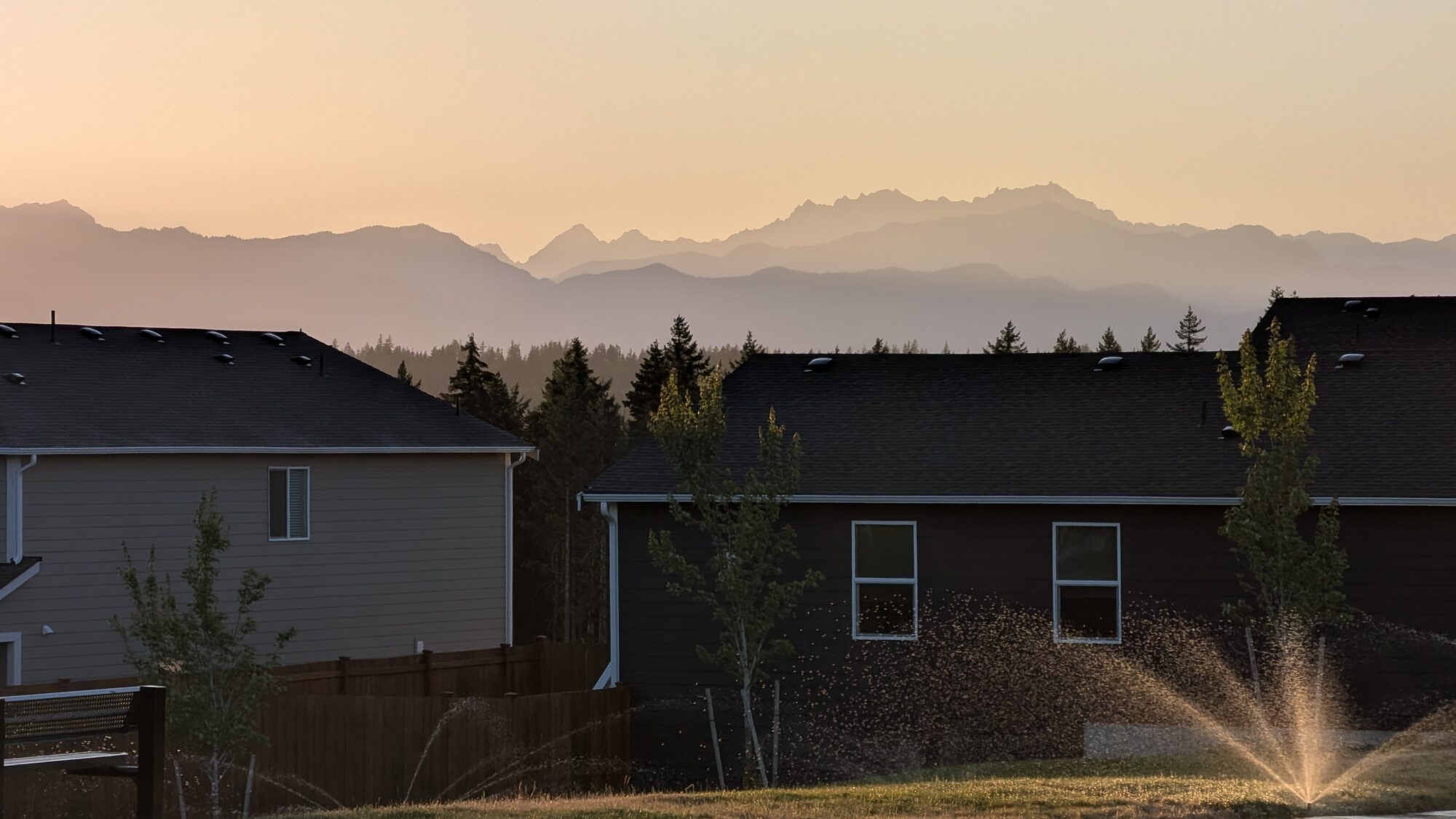 A lawn sprinkler running behind an Olympic Ridge home at sunset with the Olympic Mountains in haze beyond