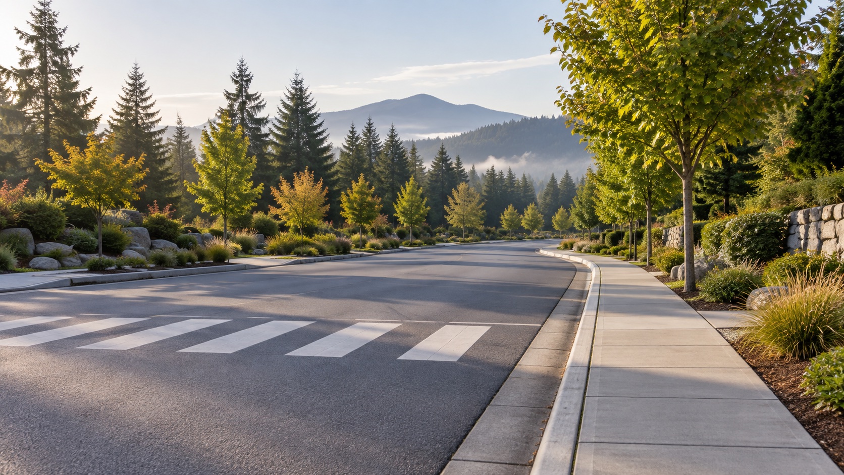 AI-generated illustration of a clear residential street, crosswalk, and unobstructed sidewalk