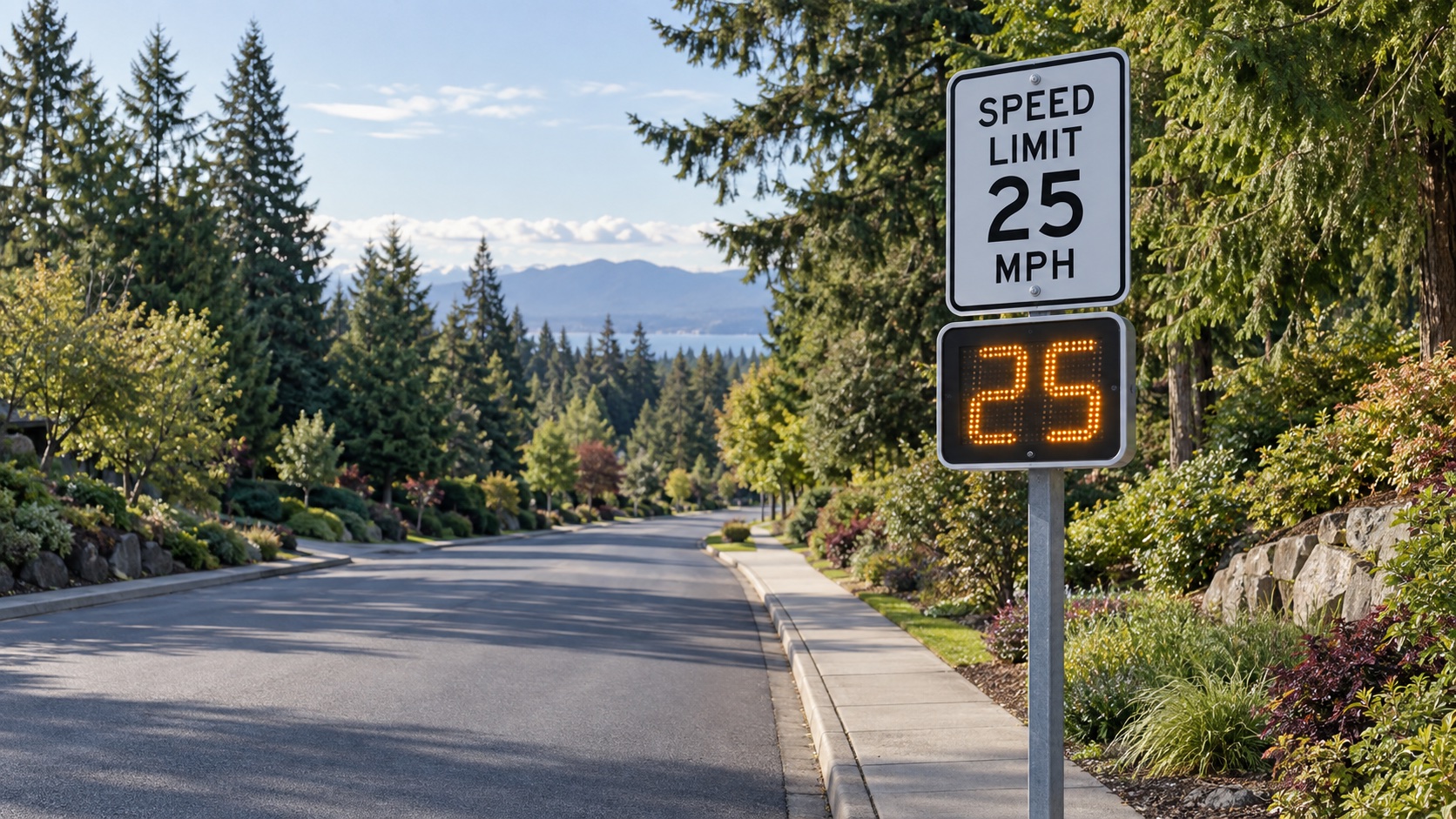 AI-generated image of a fictional neighborhood speed feedback sign showing a 25 mph limit