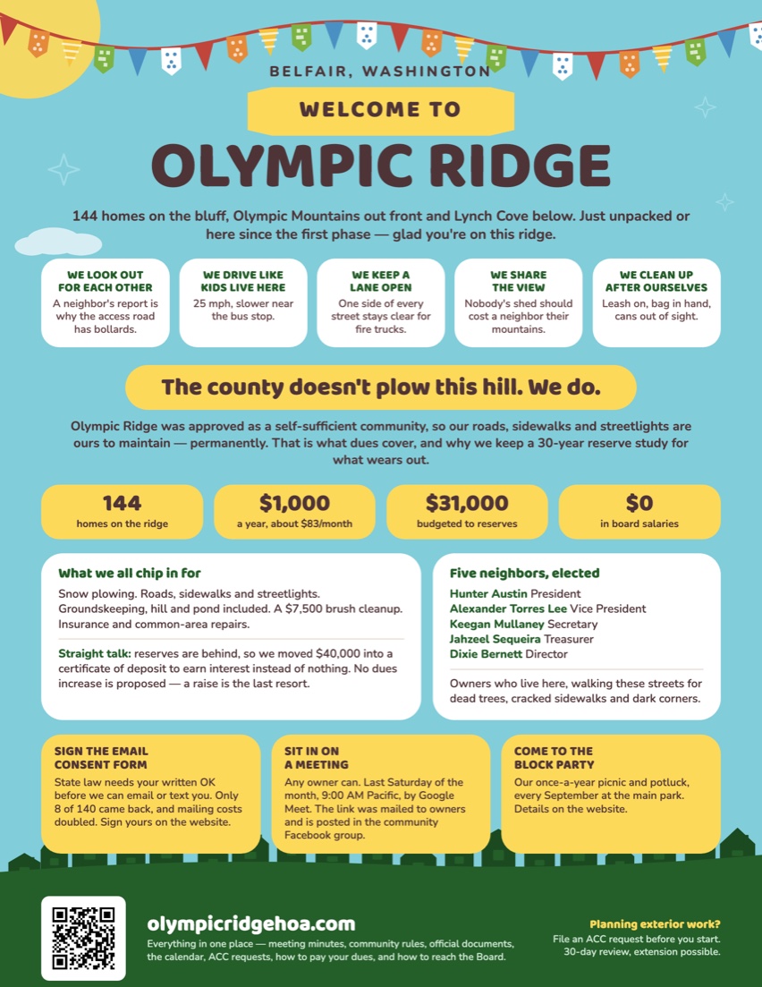 Olympic Ridge welcome flyer: community values, what HOA dues cover, the five elected board members, and three ways to get involved.